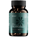 BIOMA Probiotics vegan dietary supplement bottle with 60 capsules and 30-day supply label on teal and amber glass packaging