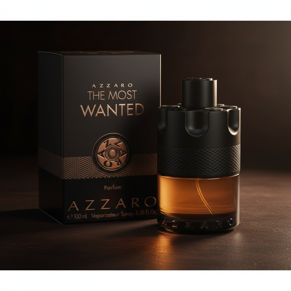 Azzaro The Most Wanted Parfum 100ml 45 degree angle, warm moody lighting