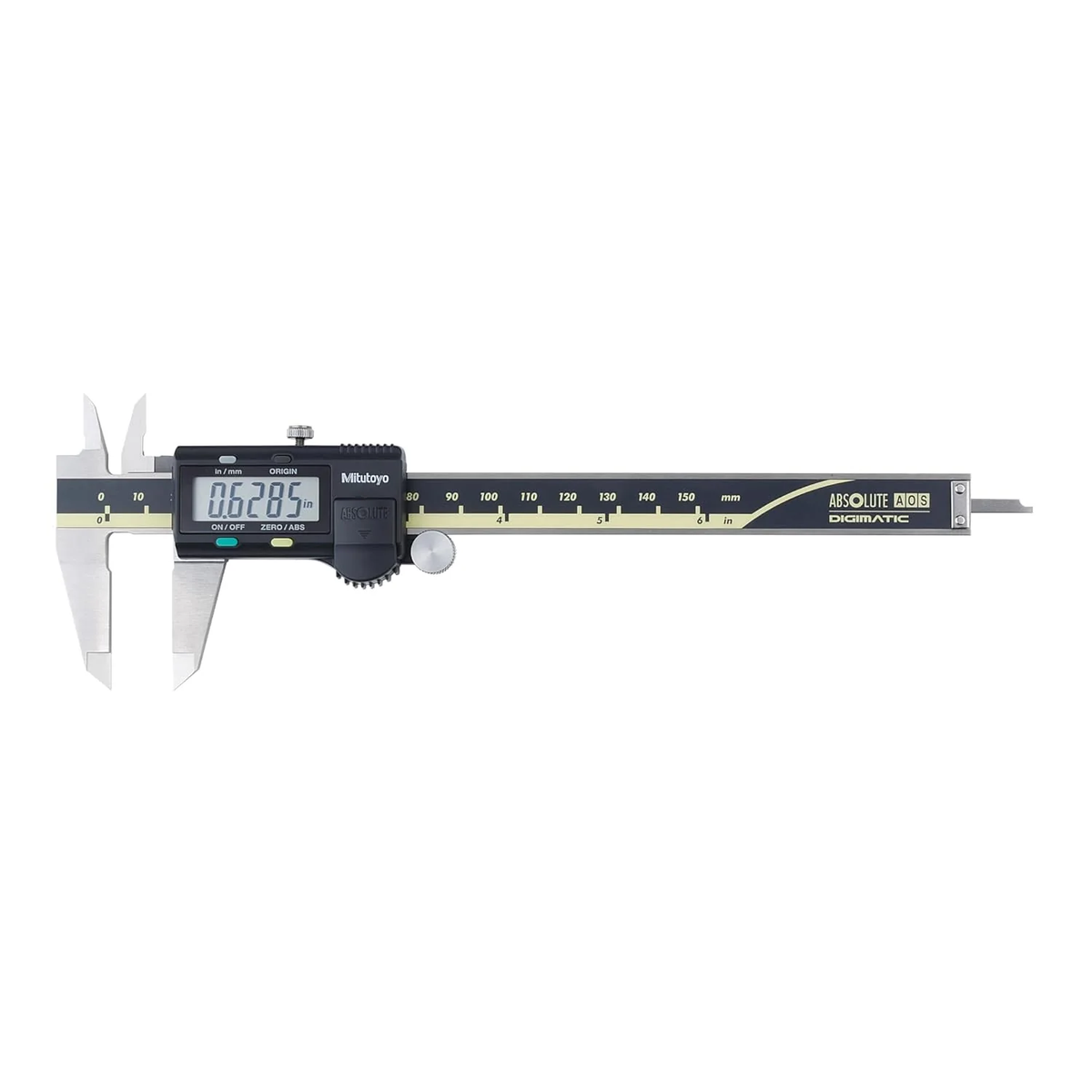 Mitutoyo Absolute AOS Digimatic digital caliper 8 inch showing LCD display reading 0.6285 inches with inch and millimeter scale