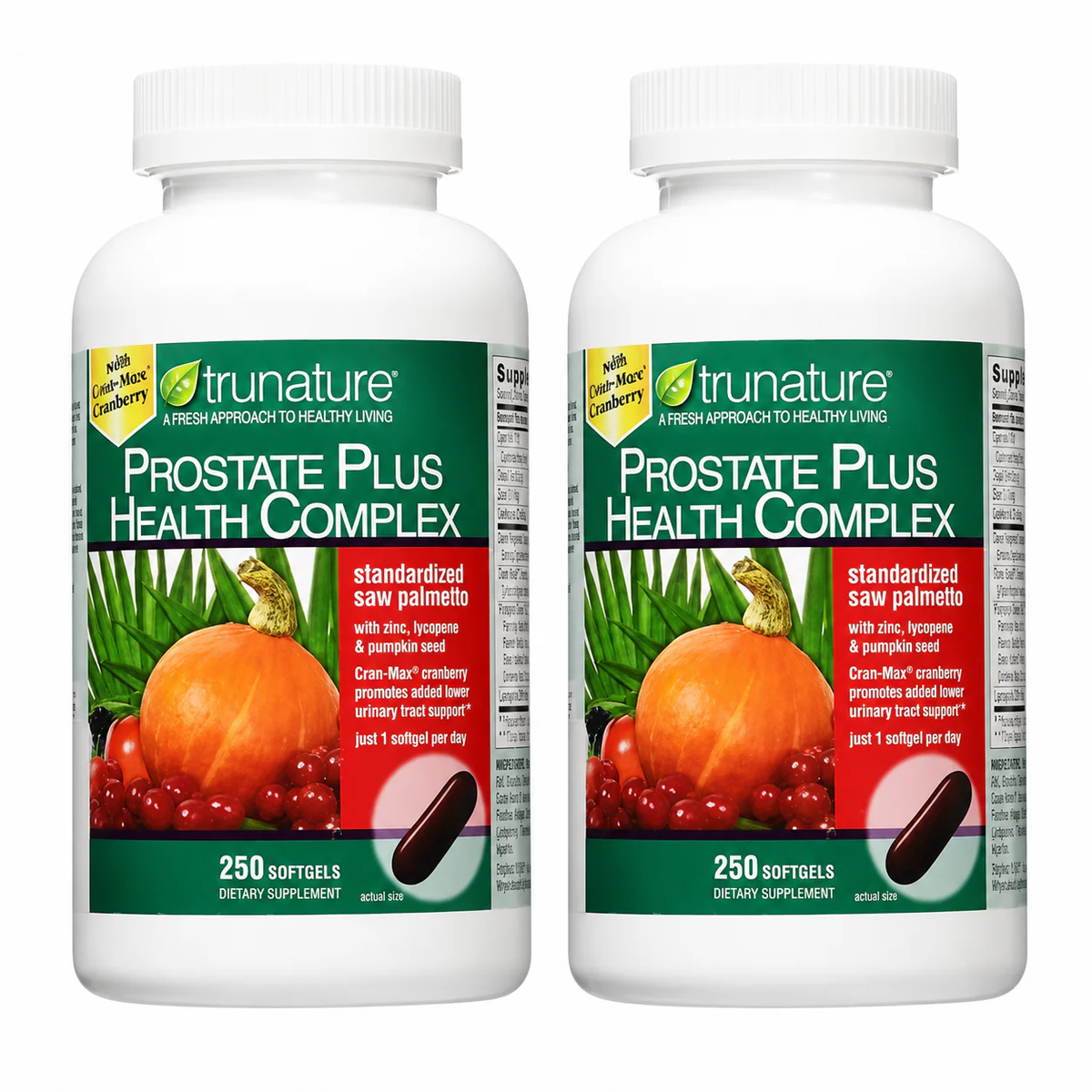 trunature Prostate Plus Health Complex 2-pack two white bottles with green label showing 250 softgels each with saw palmetto zinc lycopene pumpkin seed and Cran-Max cranberry