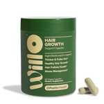 Willo Hair Growth Support Capsules 60 Vegan Capsules by OPositiv Health in dark green bottle with two capsules beside it