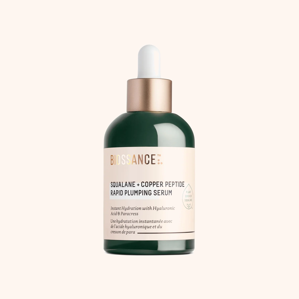 Biossance Squalane + Copper Peptide Rapid Plumping Serum 50ml – dark green dropper bottle with gold cap