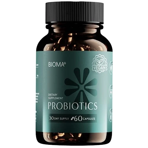 BIOMA Probiotics vegan dietary supplement bottle with 60 capsules and 30-day supply label on teal and amber glass packaging