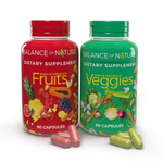 Balance of Nature Fruits and Veggies Whole Produce Dietary Supplement 90 Capsules each - red bottle for fruits and green bottle for veggies with capsules displayed in front