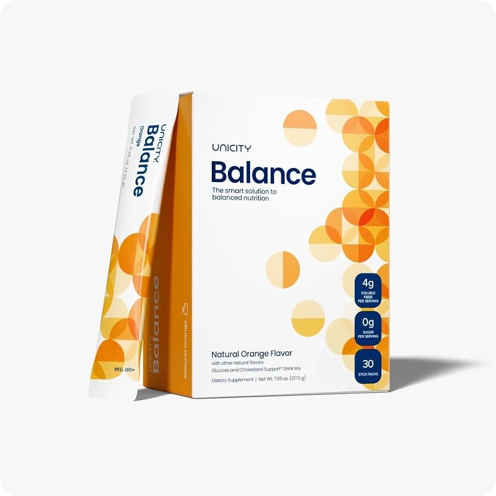 Unicity Balance fibre supplement Natural Orange flavor box with 30 stick packs showing 4g soluble fiber and 0g sugar per serving