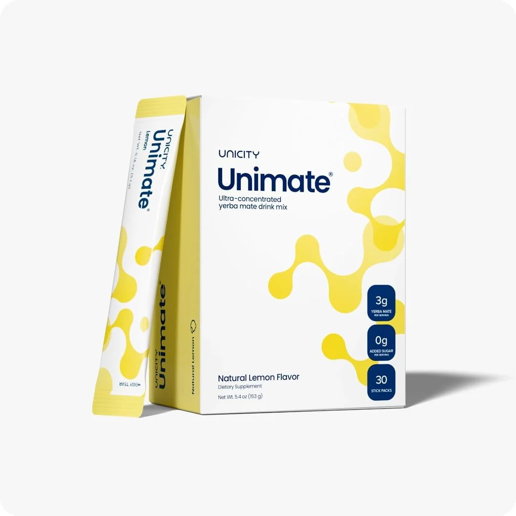 Unicity Unimate ultra-concentrated yerba mate drink mix Natural Lemon flavor box with 30 stick packs showing 3g yerba mate and 0g added sugar per serving